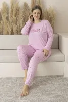 Kalp Desenli Yazlık Uzun Kollu Viskon Büyük Beden Kadın Pijama Takımı Estiva 25147 Leopar Pembe detay görünüm
