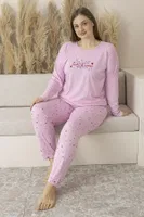 Kalp Desenli Yazlık Uzun Kollu Viskon Büyük Beden Kadın Pijama Takımı Estiva 25147 Leopar Pembe görsel 4