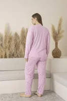 Kalp Desenli Yazlık Uzun Kollu Viskon Büyük Beden Kadın Pijama Takımı Estiva 25147 Leopar Pembe görsel 5