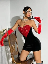 Pink Night Kalp Tasarım Siyah Kırmızı Askılı Midi Seksi Elbise Takım Pink Night 1112