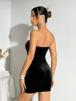 Kalp Tasarım Siyah Kırmızı Askılı Midi Seksi Elbise Takım Pink Night 1112 Siyah görsel 5