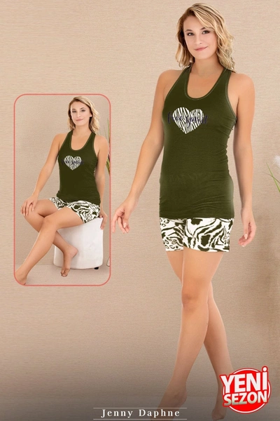 Kalpli Viskon Sıfır Kollu Yeşil Şortlu Pijama Takımı Lady 7726