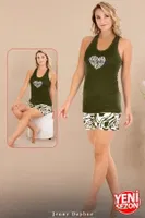 Kalpli Viskon Sıfır Kollu Yeşil Şortlu Pijama Takımı Lady 7726 Yeşil