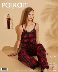 Polkan Kareli Bordo Dantel Askılı Pegasus Pijama Takım Polkan 19207