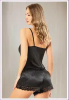 Kenarı Dantel İnce Askılı Saten Şort Pijama Takımı Miss Laris 3128 Siyah detay görünüm