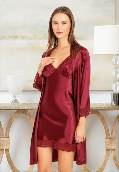 Saten Kenarları Dantel Uzun Kollu Sabahlık İnce Askılı Gecelik Takımı Miss Laris 5053