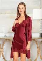 Saten Kenarları Dantel Uzun Kollu Sabahlık İnce Askılı Gecelik Takımı Miss Laris 5053 Bordo