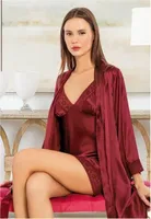 Saten Kenarları Dantel Uzun Kollu Sabahlık İnce Askılı Gecelik Takımı Miss Laris 5053 Bordo detay görünüm