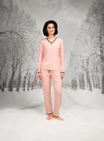 Kenarları Dantel V Yaka Uzun Kollu Kadın Pijama Takım Doreanse 26K4104