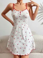 Kiraz Desenli Askılı Mini Gecelik Lily Bianca 13032 Beyaz