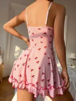 Kiraz Desenli Askılı Pembe Mini Gecelik Lily Bianca 13033 Pembe görsel 4