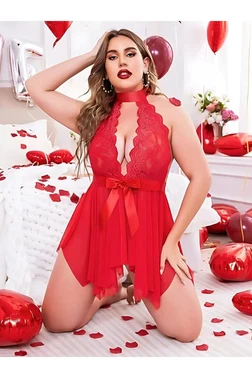 missisX Kırmızı Büyük Beden Dantel Detaylı Fiyonklu Gecelik missisX 3074 - Alternatif Görünüm