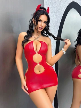 Lily Bianca Kırmızı Dekolteli Midi Zincirli Parlak Seksi Elbise Lily Bianca JB-15012