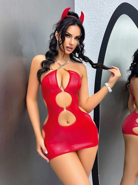 Kırmızı Dekolteli Midi Zincirli Parlak Seksi Elbise Lily Bianca JB-15012