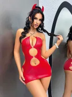Kırmızı Dekolteli Midi Zincirli Parlak Seksi Elbise Lily Bianca JB-15012 Kırmızı