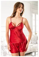 Kırmızı Göğüs Pencereli İnce Askılı Saten Şort Pijama Takımı Miss Laris 3127 Kırmızı
