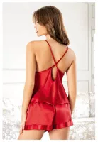 Kırmızı Göğüs Pencereli İnce Askılı Saten Şort Pijama Takımı Miss Laris 3127 Kırmızı detay görünüm