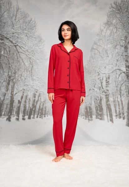 Kırmızı Gömlek Yaka Uzun Kollu Kadın Pijama Takım Doreanse 26K4109