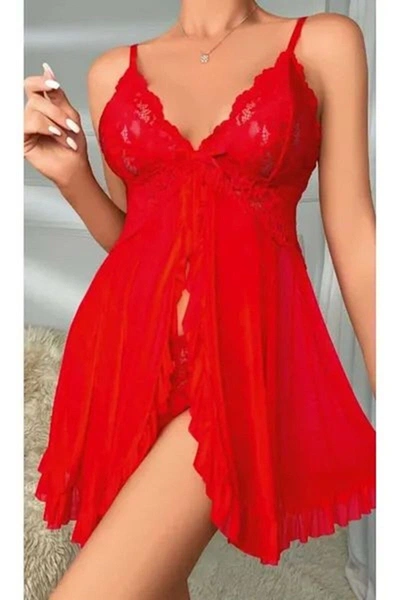 Kırmızı İp Askılı Seksi Fırfırlı Kırmızı Kadın Fantezi Gecelik Ruselin 2099