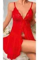 Kırmızı İp Askılı Seksi Fırfırlı Kırmızı Kadın Fantezi Gecelik Ruselin 2099 Kırmızı detay görünüm
