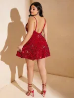 Kırmızı Işıltılı Askılı Mini Büyük Beden Seksi Gece Elbisesi Pink Night 6506 Kırmızı farklı açı