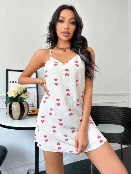 Kırmızı Kalp Desenli Askılı Beyaz Gecelik Lily Bianca 13030