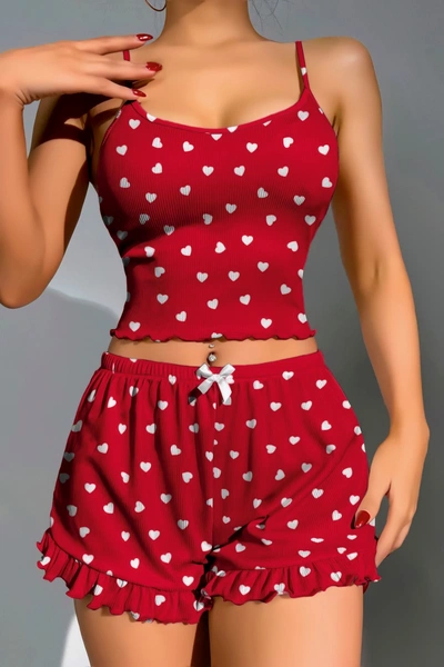 Kırmızı Kalpli Şort Kadın Pijama Takım Lily Bianca 13100