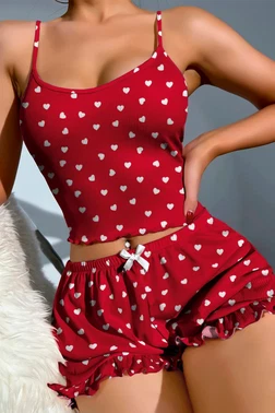 Lily Bianca Kırmızı Kalpli Şort Kadın Pijama Takım Lily Bianca 13100 - Alternatif Görünüm