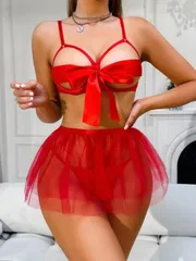 Kırmızı Kurdela Tasarımlı Dantelli Tül Seksi Sütyen Etek Takım İzabel 13008
