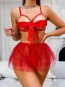 Kırmızı Kurdela Tasarımlı Dantelli Tül Seksi Sütyen Etek Takım İzabel 13008