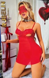Ruselin Kırmızı Maskeli Seksi Kadın Fantezi Gecelik Ruselin 2180