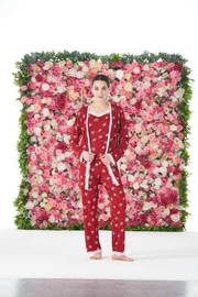 Estiva Kırmızı Papatya Desenli 3lü Sabahlıklı Likra Viskon Kadın Pijama Takımı Estiva 25194