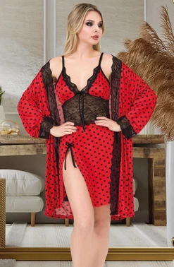 İzabel Kırmızı Puantiyeli Dantelli Kısa Gecelik Sabahlık Takımı İzabel F-7007