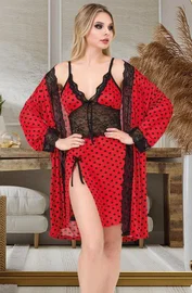İzabel Kırmızı Puantiyeli Dantelli Kısa Gecelik Sabahlık Takımı İzabel F-7007