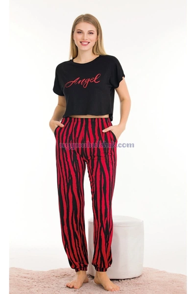 Kırmızı Siyah Çizgi Desenli Kadın Kısa Kol Pamuk Viskon Pijama Takımı Lady 12559