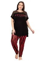 Kırmızı Siyah Çizgili Desen Büyük Beden Pijama Takımı Lady 10807 Siyah