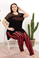 Kırmızı Siyah Çizgili Desen Büyük Beden Pijama Takımı Lady 10807 Siyah detay görünüm