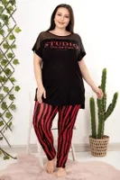 Kırmızı Siyah Çizgili Desen Büyük Beden Pijama Takımı Lady 10807 Siyah farklı açı