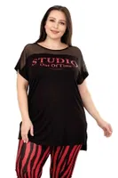 Kırmızı Siyah Çizgili Desen Büyük Beden Pijama Takımı Lady 10807 Siyah görsel 4