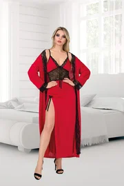 İzabel Kırmızı Yandan Yırtmaçlı Büyük Beden Gecelik Sabahlık Takımı İzabel 7002