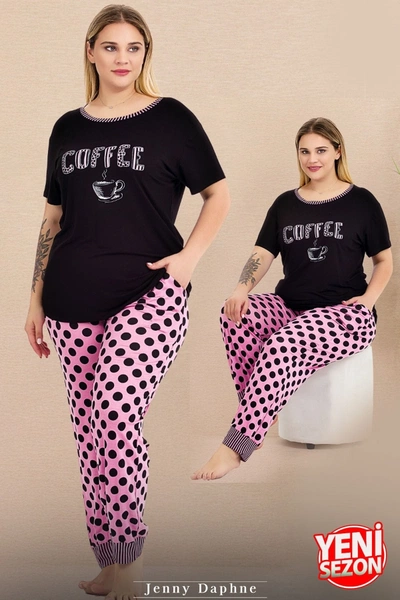 Kısa Kollu Büyük Beden Puantiyeli Pijama Takımı Lady 11004
