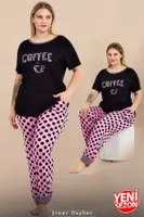 Kısa Kollu Büyük Beden Puantiyeli Pijama Takımı Lady 11004 Siyah