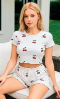 Kısa Kollu Kiraz Desenli Kısa Şort Pijama Takım NightLight 3754 Beyaz