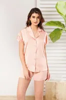 Kısa Kollu Kolları Dantel Gömlek Somon Şort Pijama Takım Pink Night 1203 Somon detay görünüm