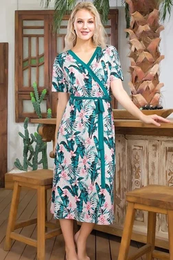 Lady Kısa Kollu Kuşaklı Anvelop Çiçek Desenli Uzun Elbise Lady 7003