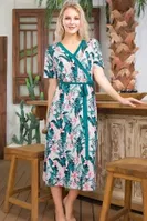 Kısa Kollu Kuşaklı Anvelop Çiçek Desenli Uzun Elbise Lady 7003 Yeşil