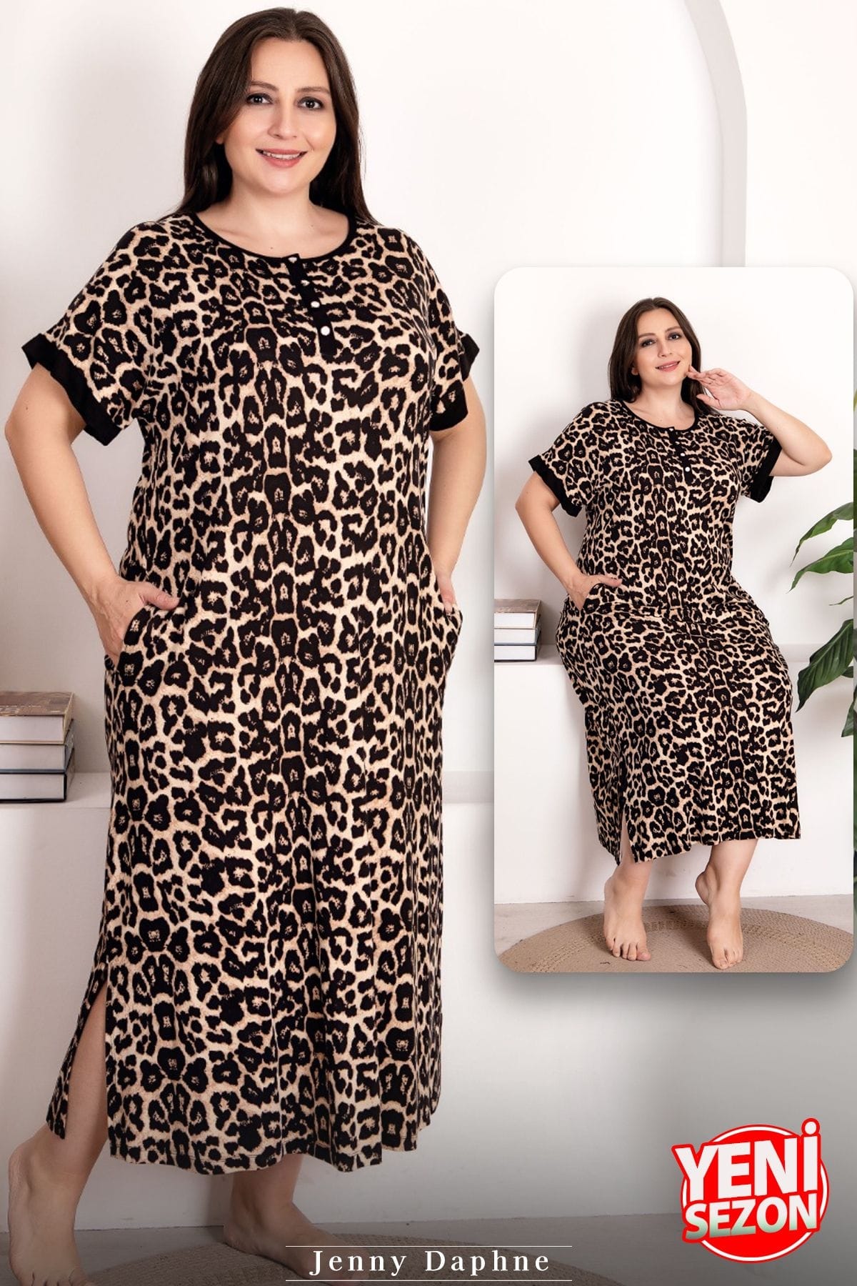 Kısa Kollu Leopar Desenli Düğmeli Büyük Beden Kadın Elbise Lady 7263