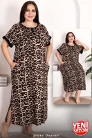 Kısa Kollu Leopar Desenli Düğmeli Büyük Beden Kadın Elbise Lady 7263 Siyah
