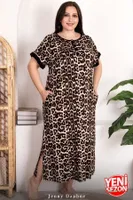 Kısa Kollu Leopar Desenli Düğmeli Büyük Beden Kadın Elbise Lady 7263 Siyah görsel 4
