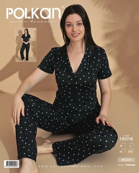 Polkan Kısa Kollu Pijama Takım Siyah Yıldız Desenli Viskon V Yaka Gömlek Polkan 19016